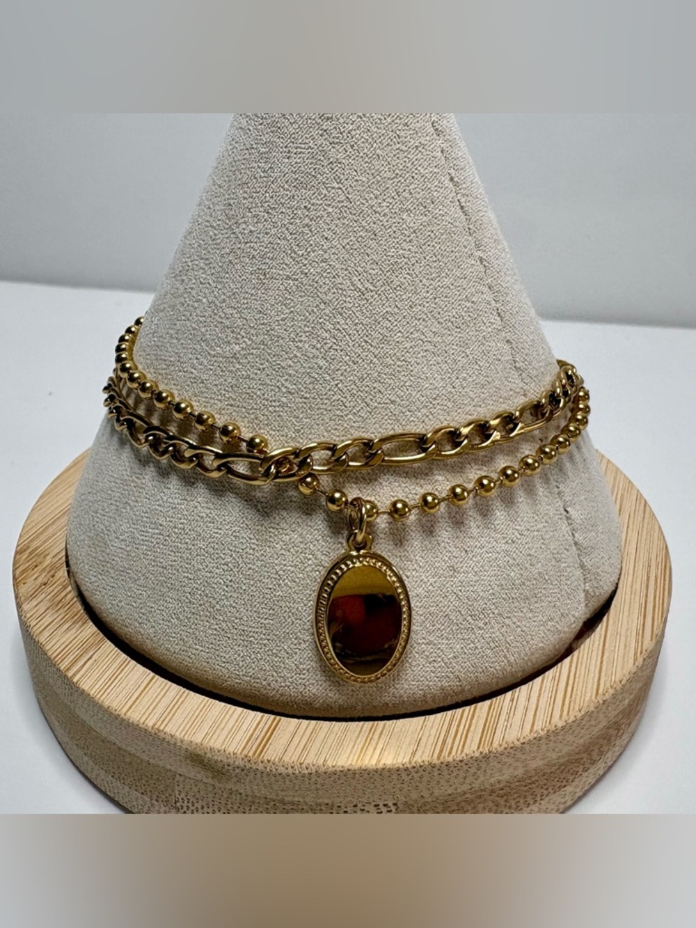 Two-In-One 18k Gold Played Layered Chain Bracelet with Oval Shaped Pendant